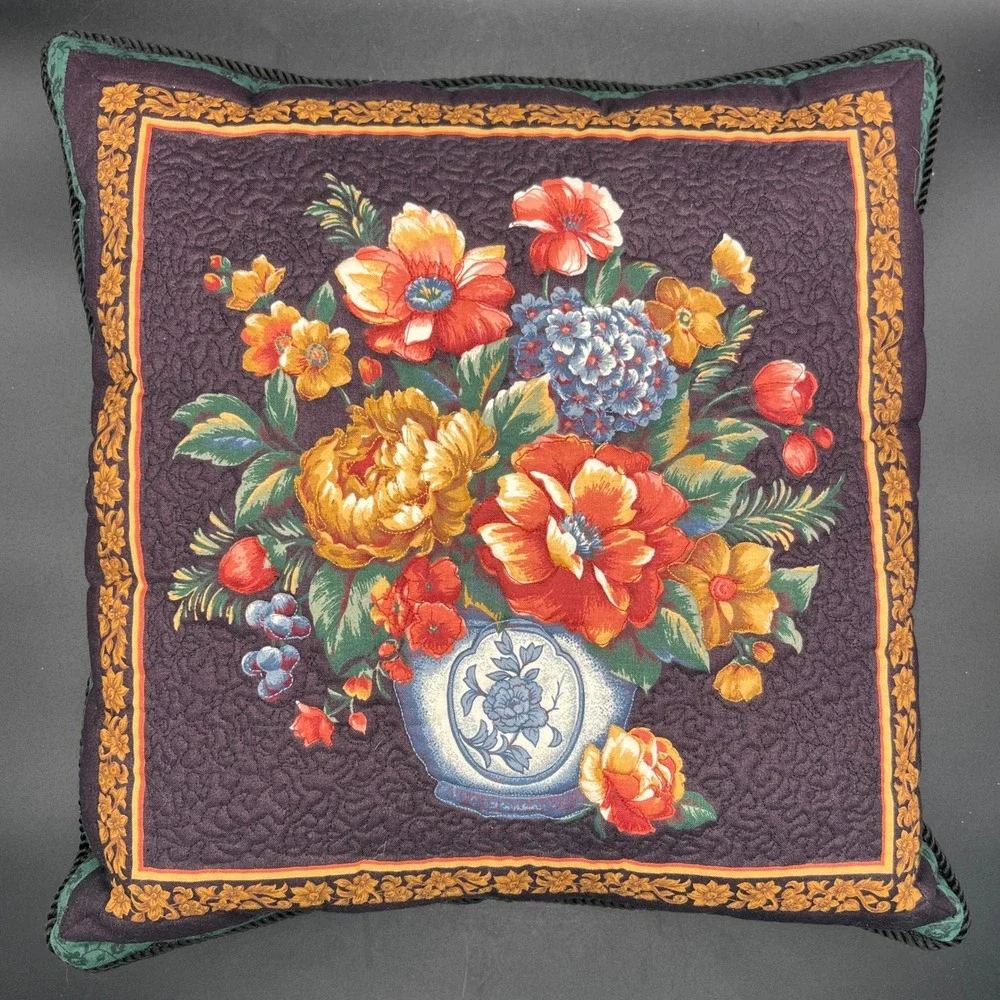 Quilted Floral Still Life Throw Pillows Set of 2 Plum Green 13x13 Vtg Corded